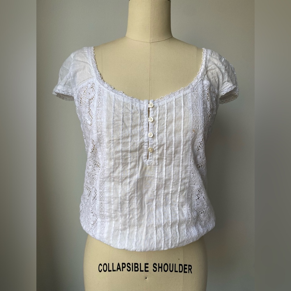 Hollister Co. Y2K White Cotton Lace Peasant Boho Blouse